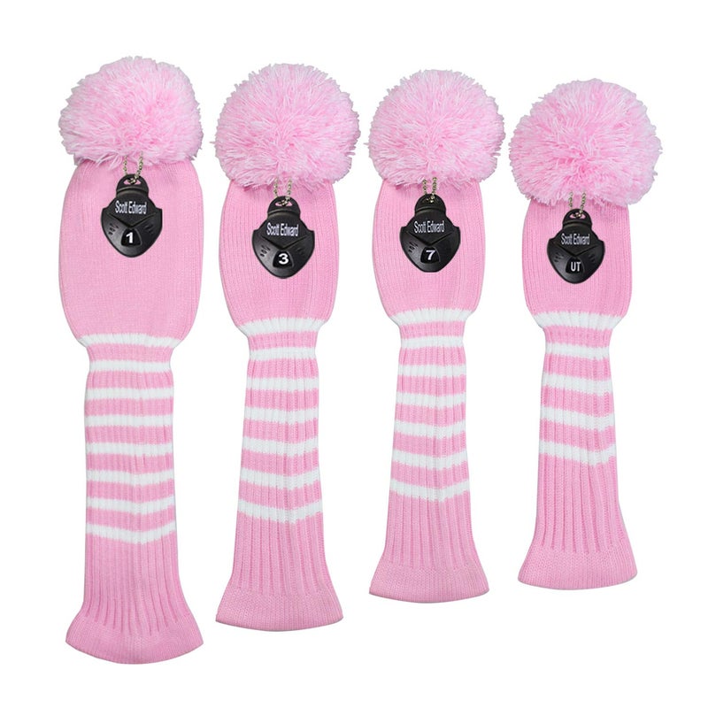 Scott Edward Multi-Style Optional Individualized Knit Golf Club Head Covers Set of 4  Fit for Driver Wood(460cc) * 1  Fairway Wood * 2  and Hybrid(UT) * 1  for Male/Female Golfers (Light Pink) - Image 2